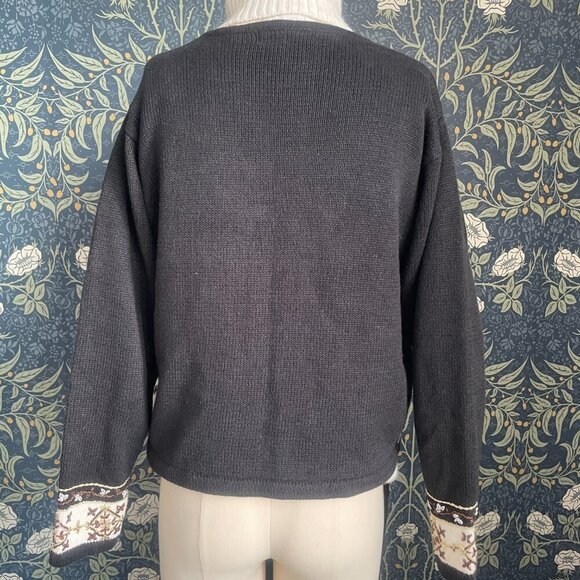 Vintage Grandma Chic Cardigan Black & White Beaded Cotton Ramie Button Up - Picture 5 of 9